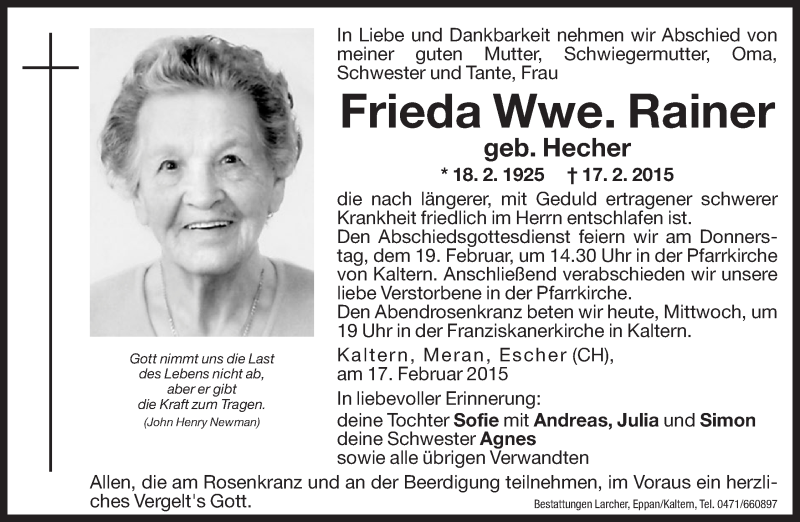  Traueranzeige für Frieda Rainer vom 18.02.2015 aus Dolomiten