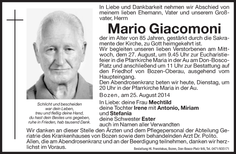  Traueranzeige für Mario Giacomoni vom 26.08.2014 aus Dolomiten