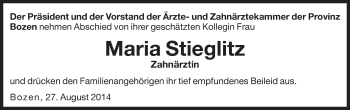 Traueranzeige von Maria Stieglitz von Dolomiten