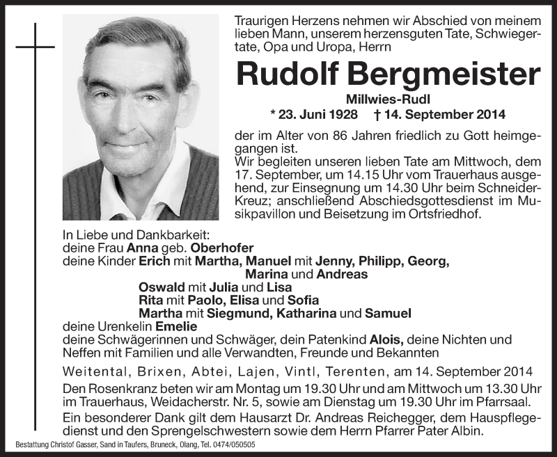  Traueranzeige für Rudolf Bergmeister vom 15.09.2014 aus Dolomiten