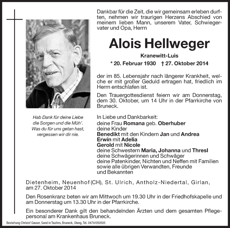  Traueranzeige für Alois Hellweger vom 29.10.2014 aus Dolomiten