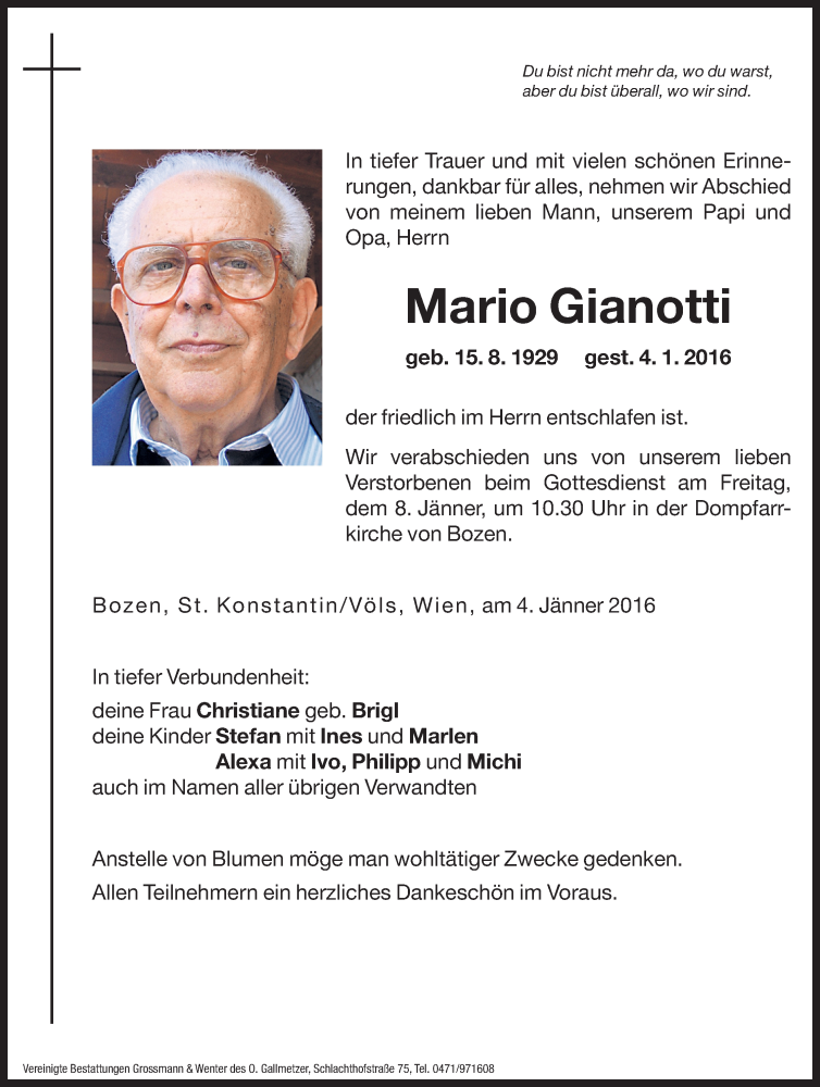  Traueranzeige für Mario Gianotti vom 07.01.2016 aus Dolomiten