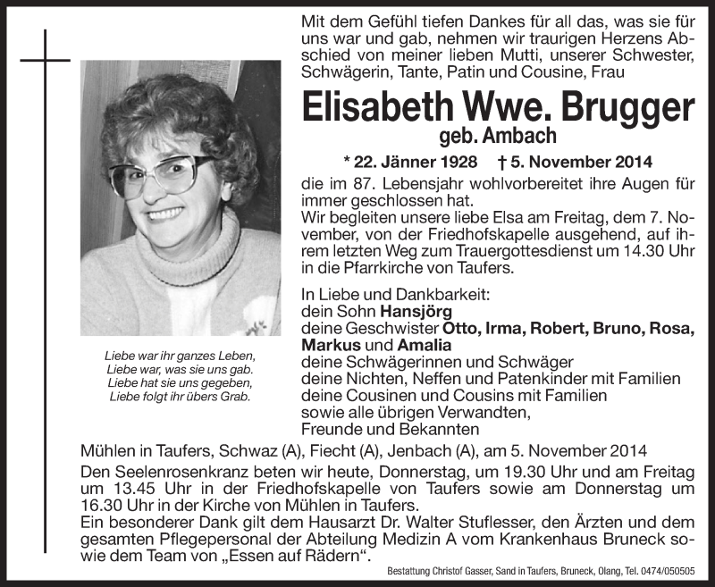  Traueranzeige für Elisabeth Brugger vom 06.11.2014 aus Dolomiten