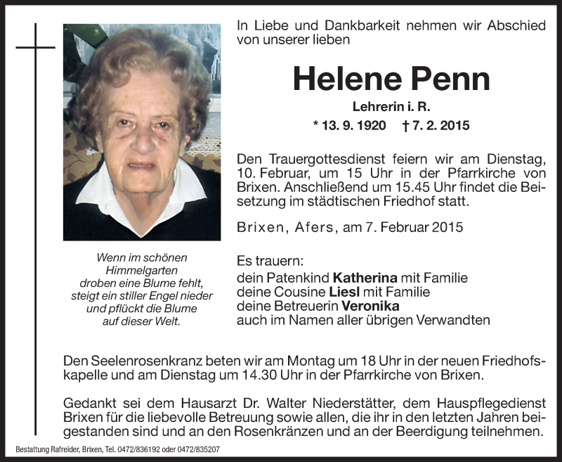  Traueranzeige für Helene Penn vom 09.02.2015 aus Dolomiten