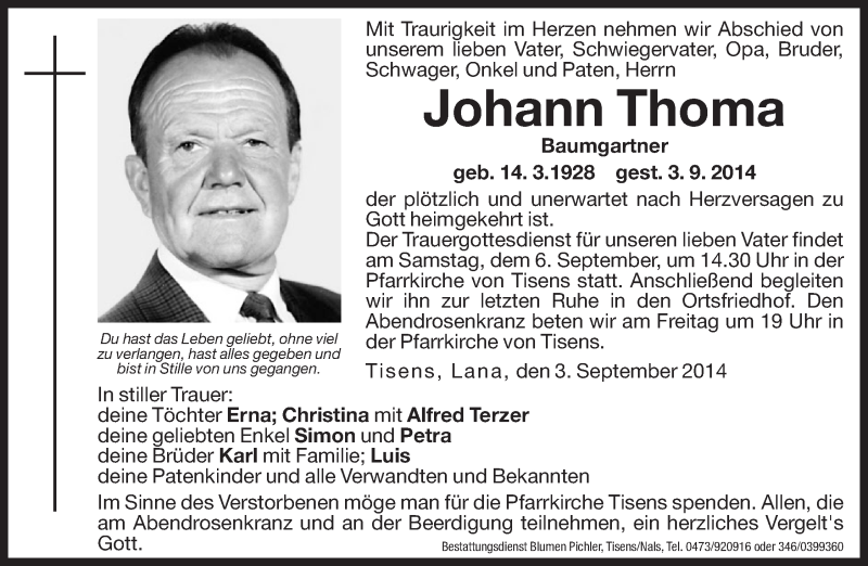  Traueranzeige für Johann Thoma vom 05.09.2014 aus Dolomiten