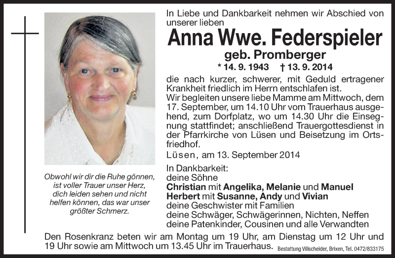  Traueranzeige für Anna Federspieler vom 15.09.2014 aus Dolomiten