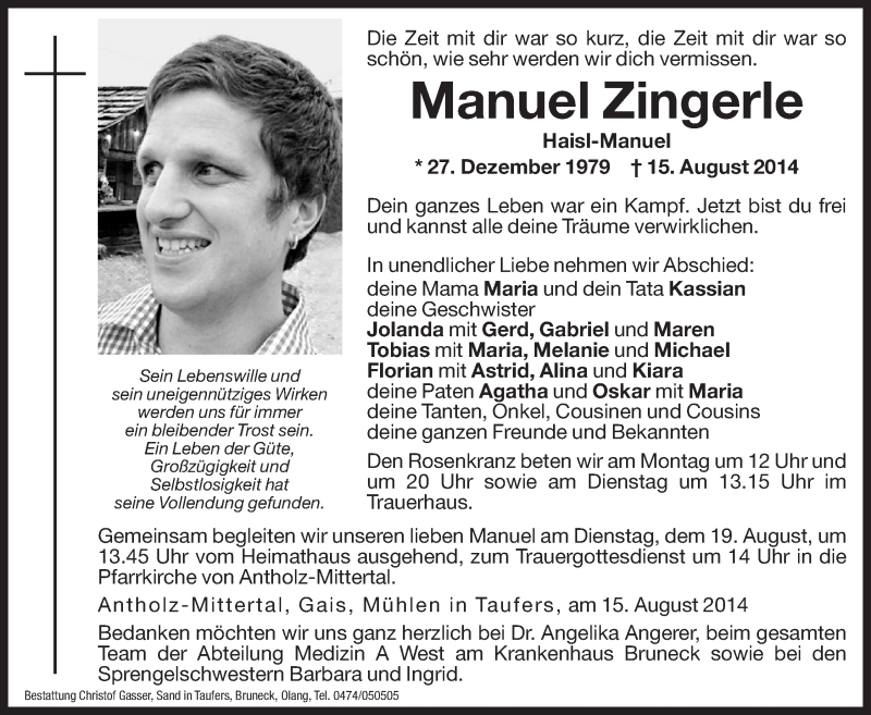  Traueranzeige für Manuel Zingerle vom 18.08.2014 aus Dolomiten