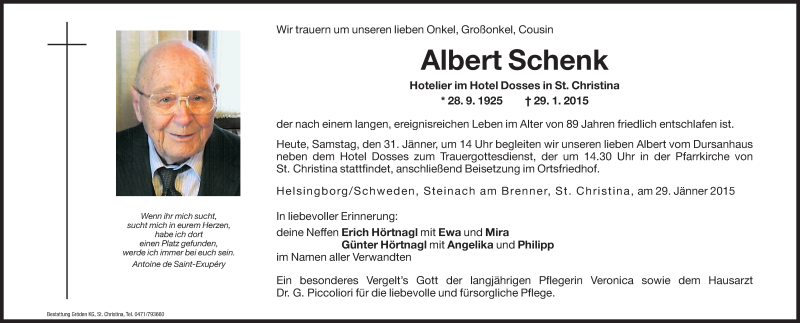  Traueranzeige für Albert Schenk vom 31.01.2015 aus Dolomiten