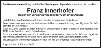 Traueranzeige von Franz Innerhofer von Dolomiten