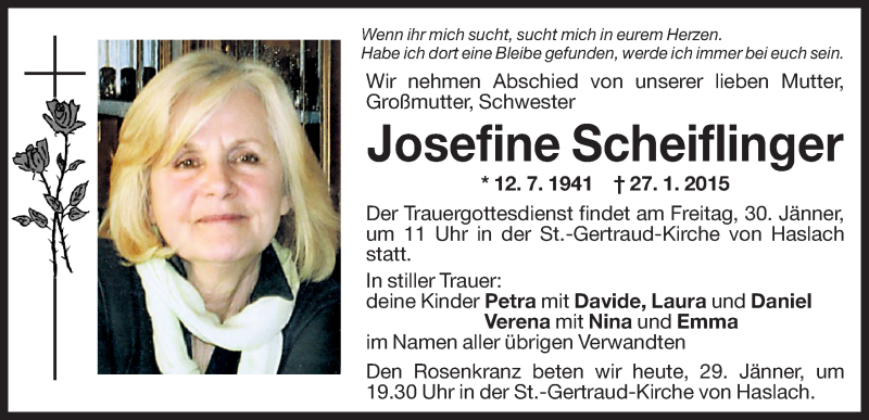  Traueranzeige für Josefine Scheiflinger vom 29.01.2015 aus Dolomiten