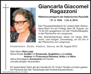 Traueranzeige von Giancarla Giacomel Ragazzoni von Dolomiten