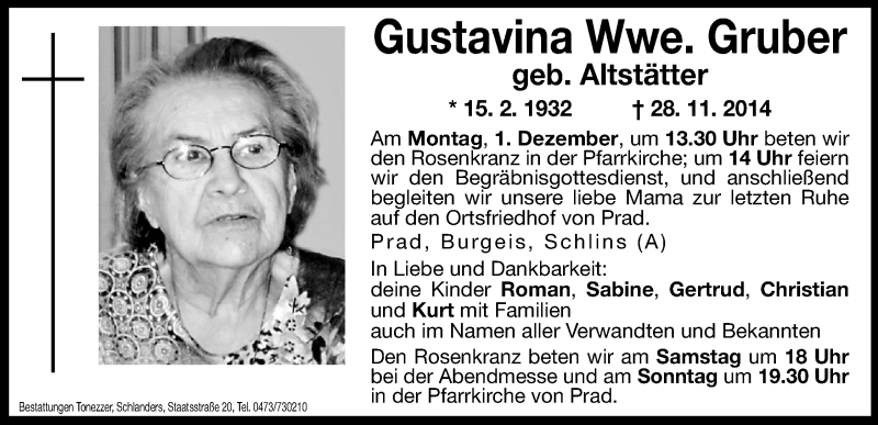  Traueranzeige für Gustavina Gruber vom 29.11.2014 aus Dolomiten