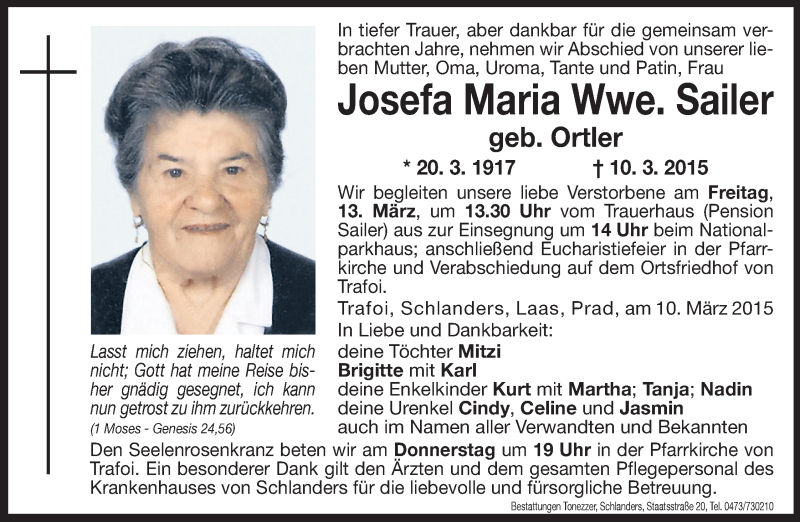  Traueranzeige für Josefa Maria Sailer vom 12.03.2015 aus Dolomiten