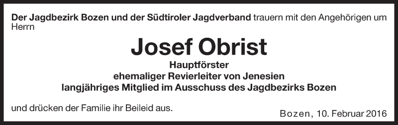  Traueranzeige für Josef Obrist vom 11.02.2016 aus Dolomiten