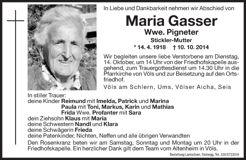  Traueranzeige für Maria Pigneter vom 11.10.2014 aus Dolomiten