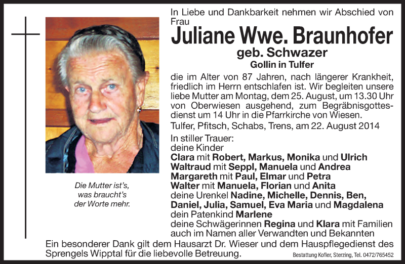  Traueranzeige für Juliane Braunhofer vom 23.08.2014 aus Dolomiten