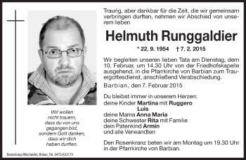 Traueranzeige von Helmuth Runggaldier von Dolomiten