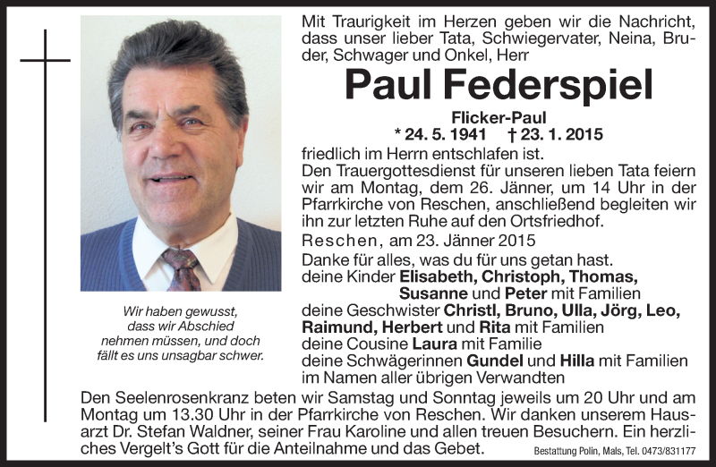  Traueranzeige für Paul Federspiel vom 24.01.2015 aus Dolomiten