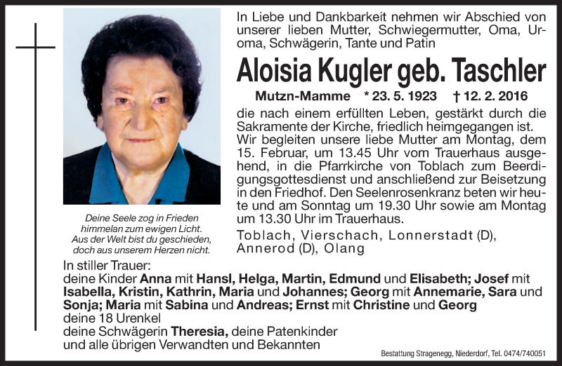  Traueranzeige für Aloisia Kugler vom 13.02.2016 aus Dolomiten