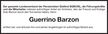 Traueranzeige von Guerrino Barzon von Dolomiten