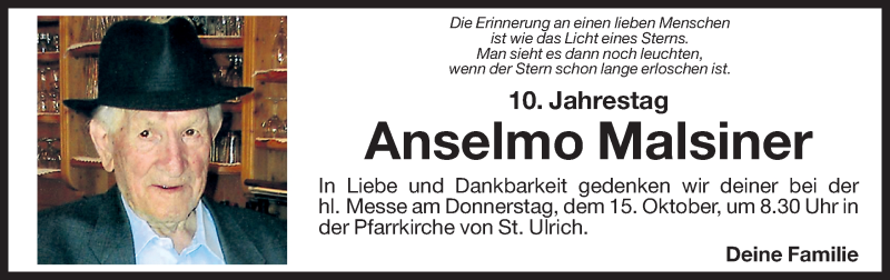  Traueranzeige für Anselmo Malsiner vom 12.10.2015 aus Dolomiten