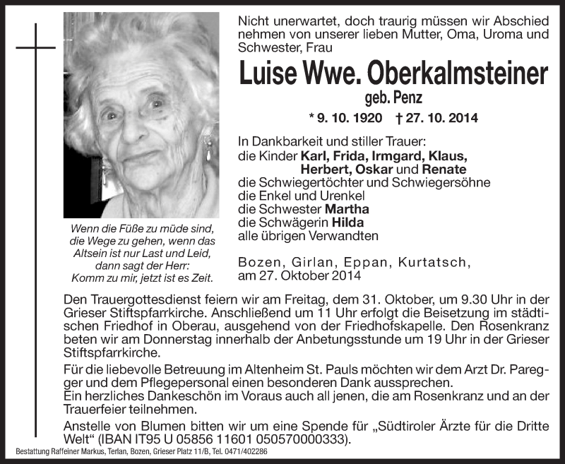  Traueranzeige für Luise Oberkalmsteiner vom 29.10.2014 aus Dolomiten