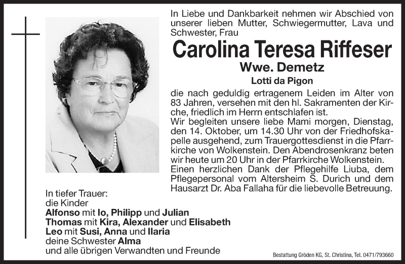  Traueranzeige für Carolina Teresa Demetz vom 13.10.2014 aus Dolomiten