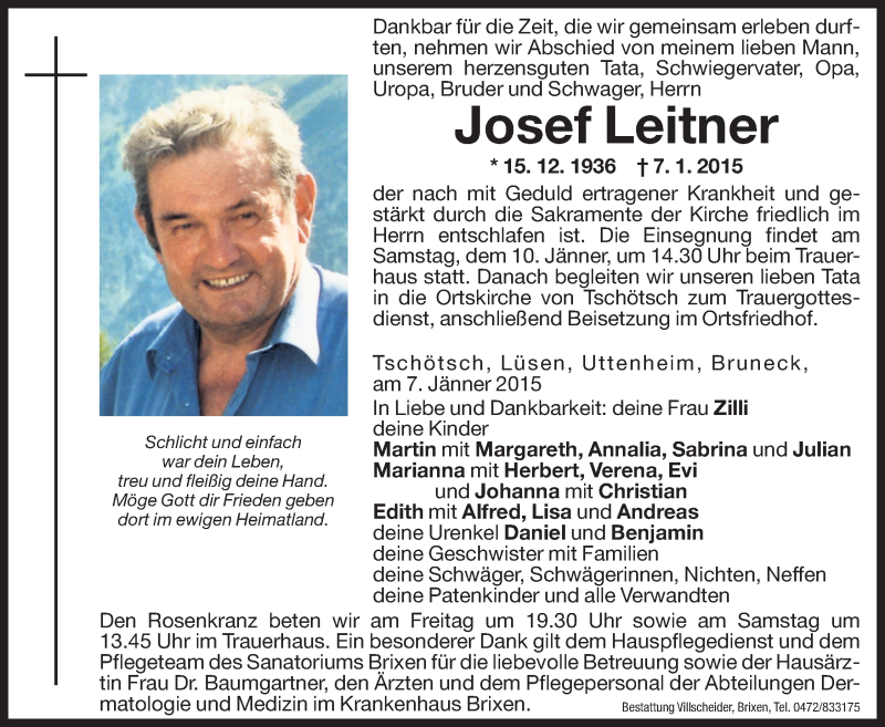  Traueranzeige für Josef Leitner vom 09.01.2015 aus Dolomiten