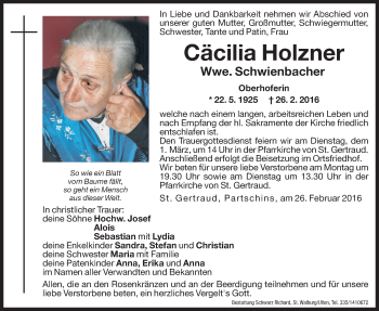 Traueranzeige von Cäcilia Schwienbacher von Dolomiten