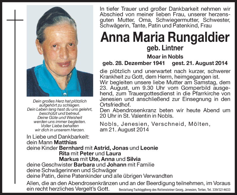  Traueranzeige für Anna Maria Rungaldier vom 22.08.2014 aus Dolomiten