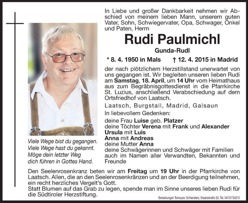  Traueranzeige für Rudi Paulmichl vom 17.04.2015 aus Dolomiten