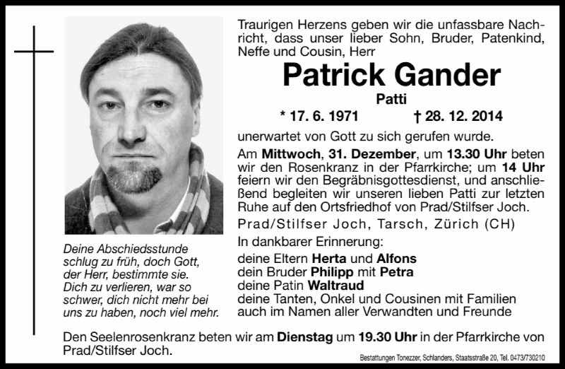  Traueranzeige für Patrick Gander vom 30.12.2014 aus Dolomiten