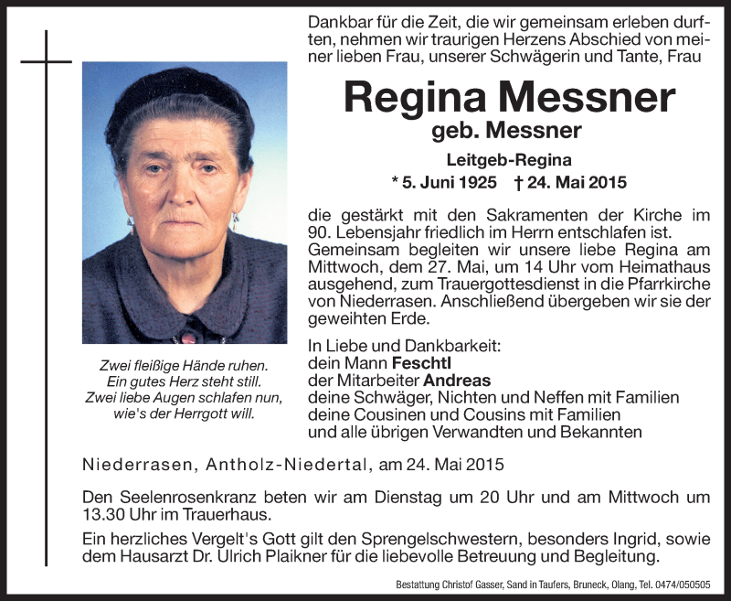 Traueranzeige für Regina Messner vom 26.05.2015 aus Dolomiten
