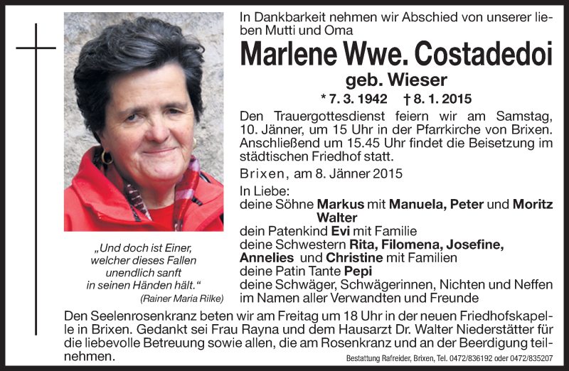  Traueranzeige für Marlene Costadedoi vom 09.01.2015 aus Dolomiten