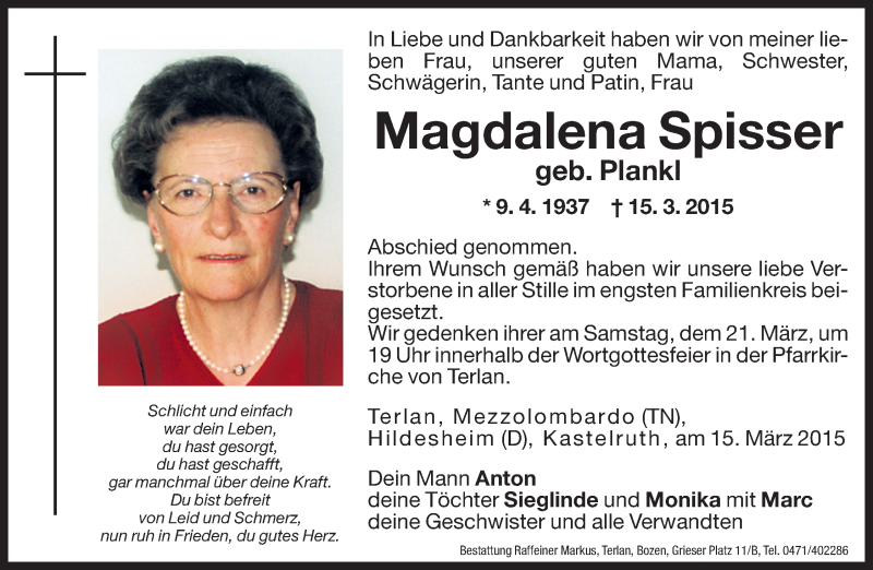  Traueranzeige für Magdalena Spisser vom 19.03.2015 aus Dolomiten