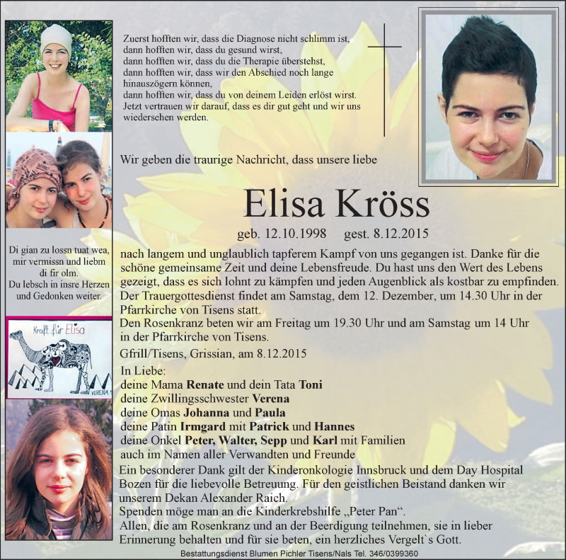  Traueranzeige für Elisa Kröss vom 11.12.2015 aus Dolomiten