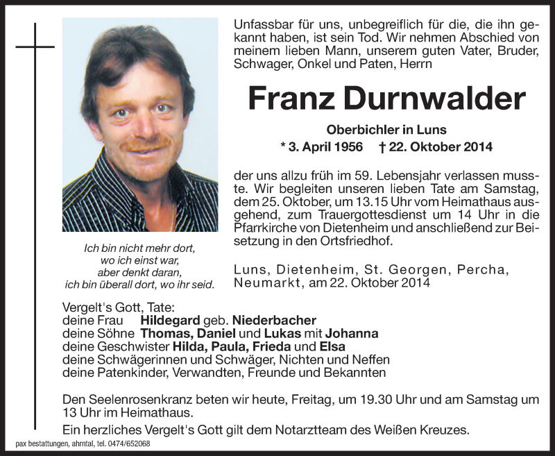  Traueranzeige für Franz Durnwalder vom 24.10.2014 aus Dolomiten