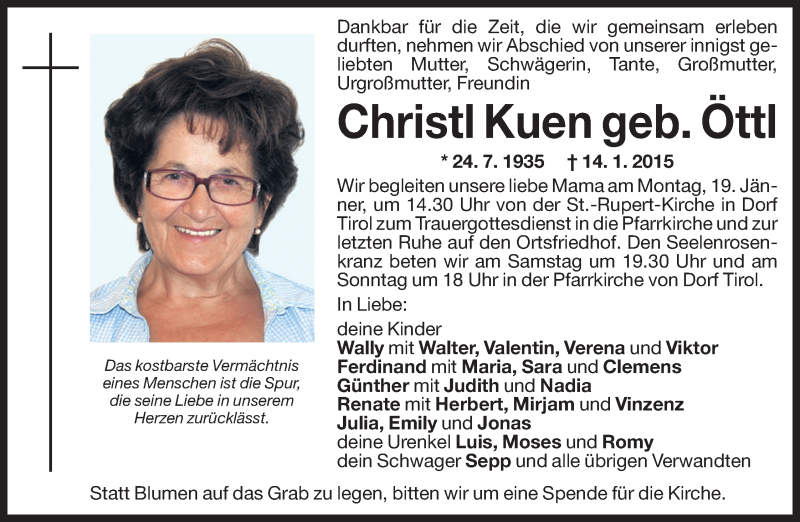  Traueranzeige für Christl Kuen vom 17.01.2015 aus Dolomiten