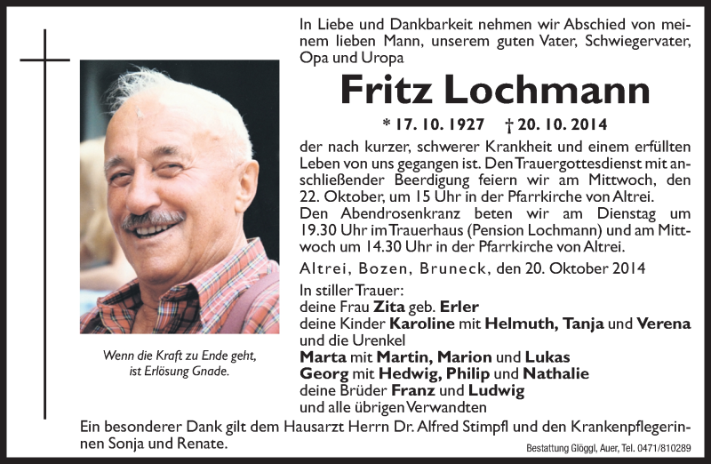  Traueranzeige für Fritz Lochmann vom 21.10.2014 aus Dolomiten