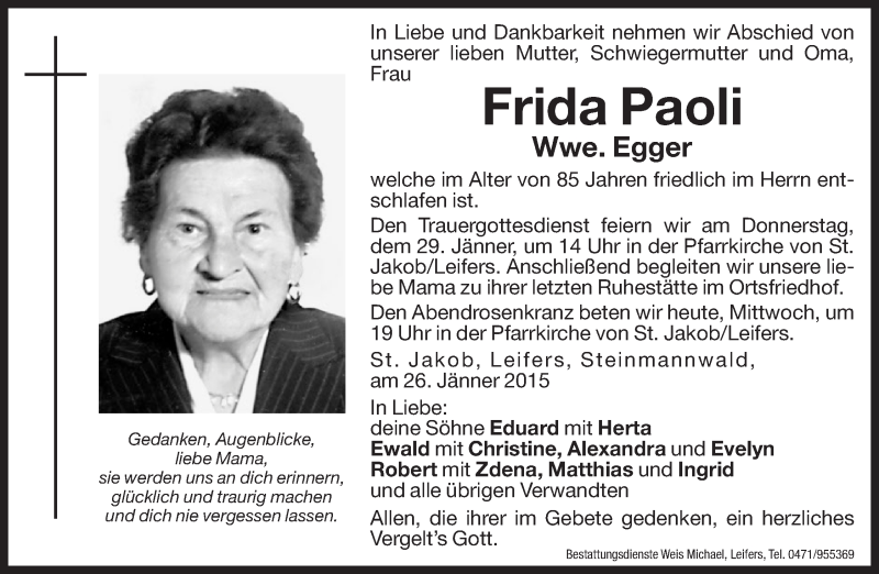  Traueranzeige für Frida Egger vom 28.01.2015 aus Dolomiten