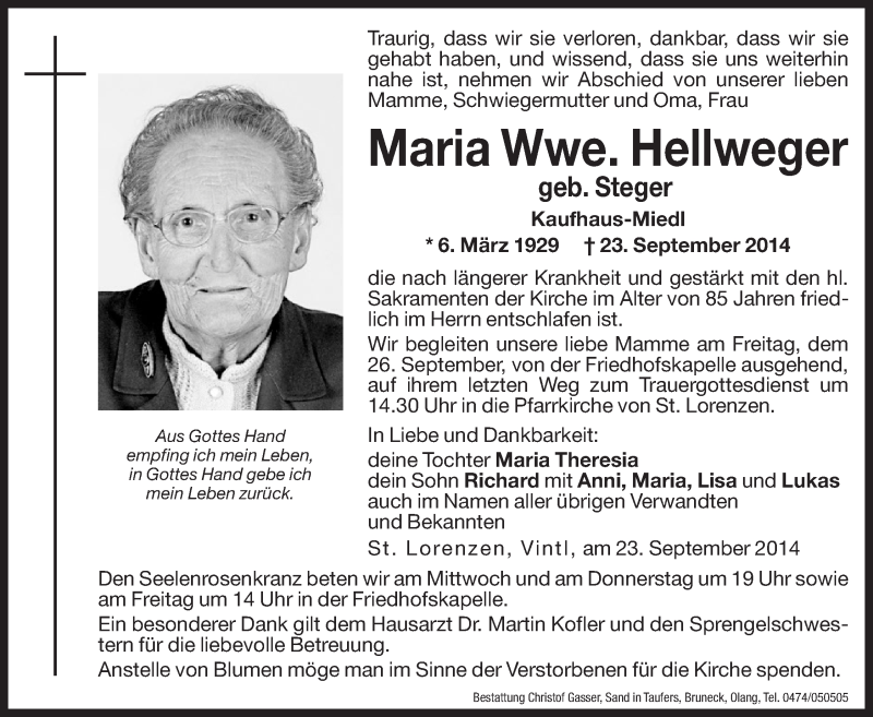  Traueranzeige für Maria Hellweger vom 24.09.2014 aus Dolomiten