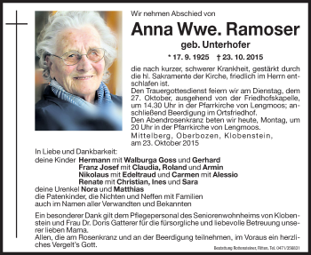 Traueranzeige von Anna Ramoser von Dolomiten