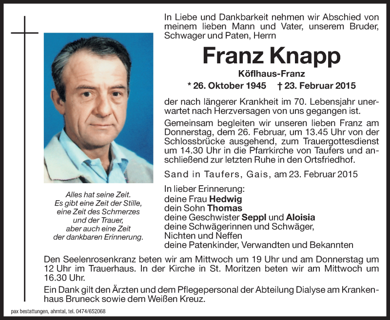  Traueranzeige für Franz Knapp vom 25.02.2015 aus Dolomiten