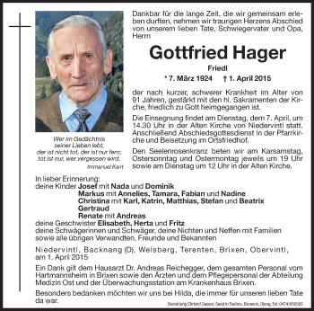 Traueranzeige von Gottfried Hager von Dolomiten