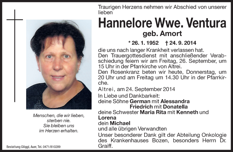  Traueranzeige für Hannelore Ventura vom 25.09.2014 aus Dolomiten