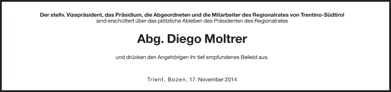  Traueranzeige für Diego Moltrer vom 18.11.2014 aus Dolomiten