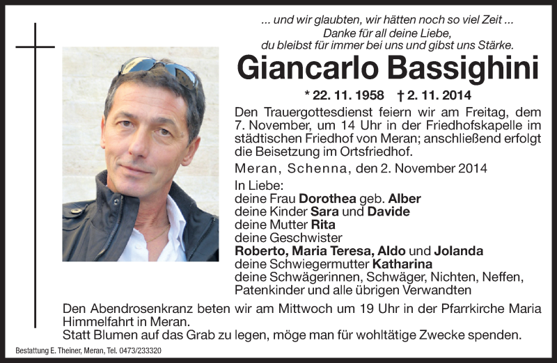  Traueranzeige für Giancarlo Bassighini vom 05.11.2014 aus Dolomiten