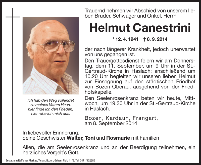  Traueranzeige für Helmut Canestrini vom 10.09.2014 aus Dolomiten