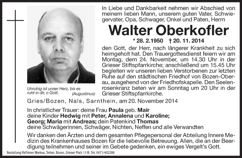  Traueranzeige für Walter Oberkofler vom 22.11.2014 aus Dolomiten