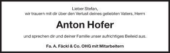 Traueranzeige von Anton Hofer von Dolomiten